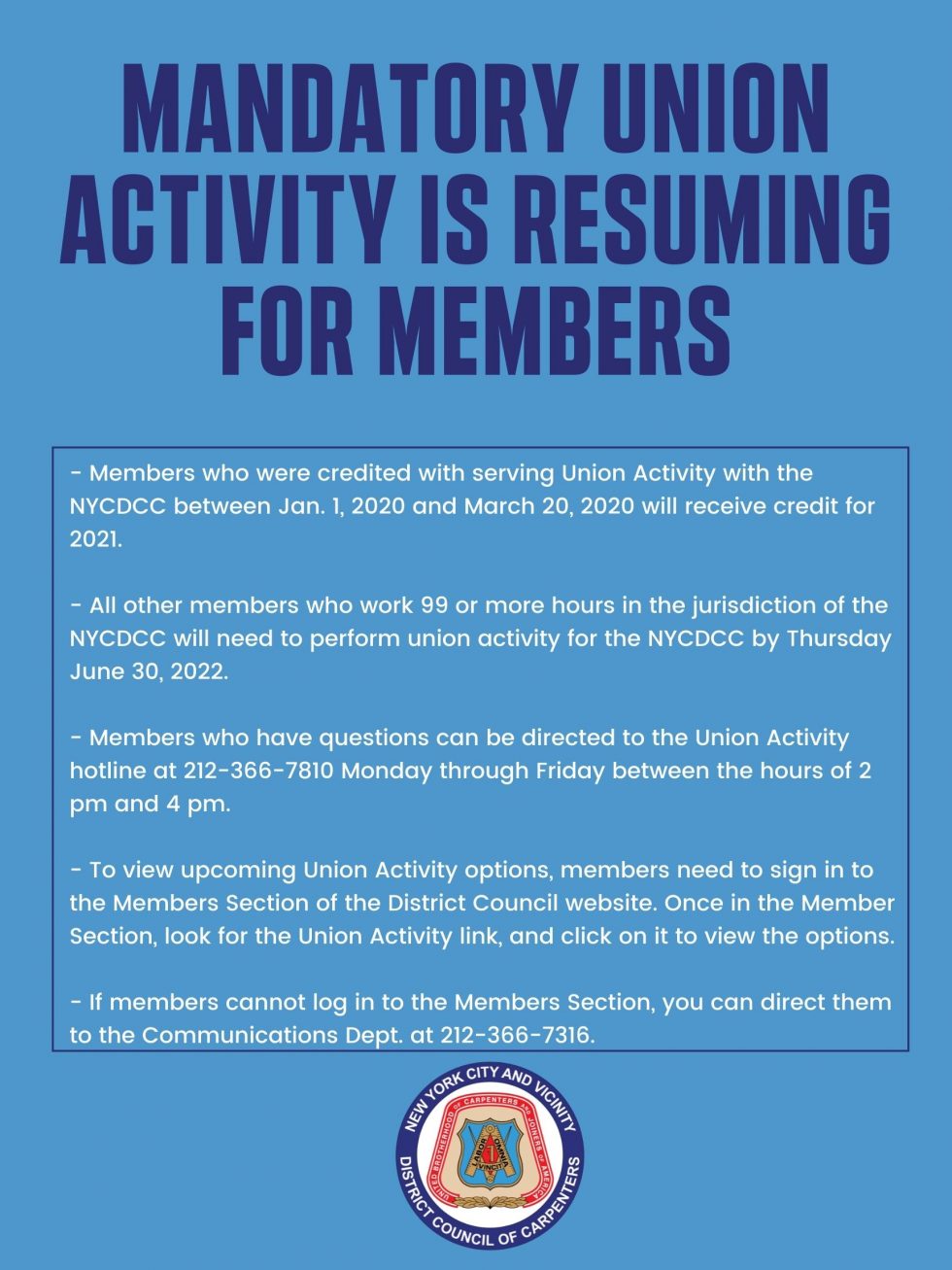 Mandatory Union Activity Is Resuming For Members New York City
